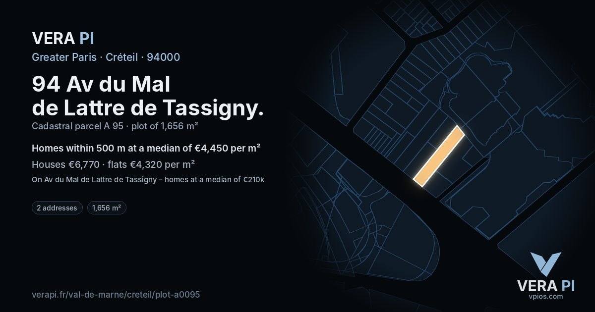 94 Av du Mal de Lattre de Tassigny, Créteil at night – the plot lit, the parcels around coloured by the prices near them