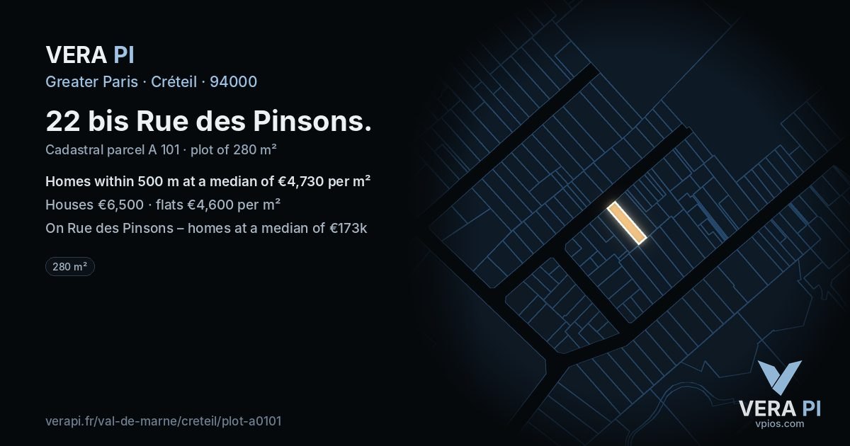 22 bis Rue des Pinsons, Créteil at night – the plot lit, the parcels around coloured by the prices near them