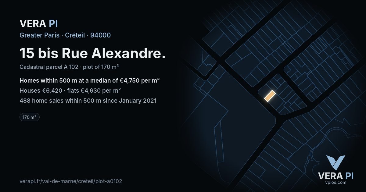 15 bis Rue Alexandre, Créteil at night – the plot lit, the parcels around coloured by the prices near them