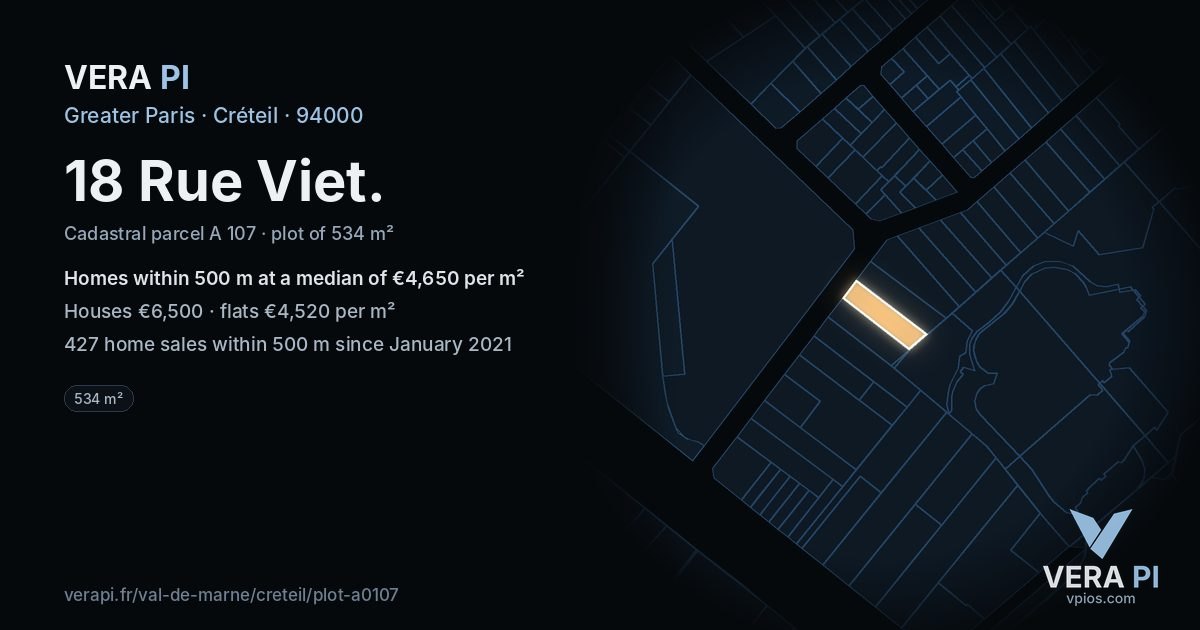 18 Rue Viet, Créteil at night – the plot lit, the parcels around coloured by the prices near them