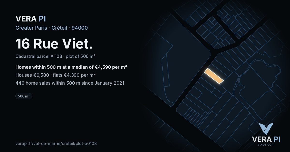 16 Rue Viet, Créteil at night – the plot lit, the parcels around coloured by the prices near them