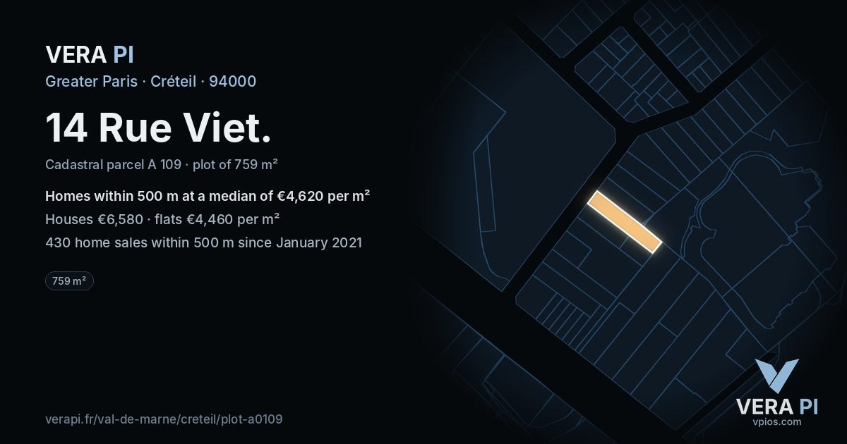 14 Rue Viet, Créteil at night – the plot lit, the parcels around coloured by the prices near them