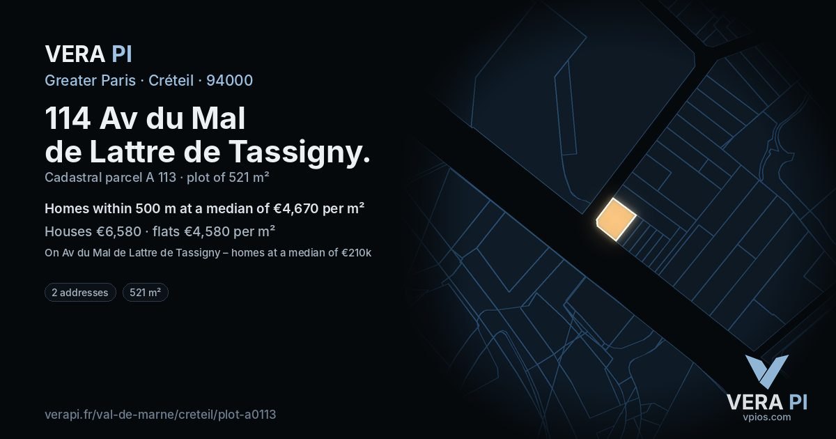 114 Av du Mal de Lattre de Tassigny, Créteil at night – the plot lit, the parcels around coloured by the prices near them