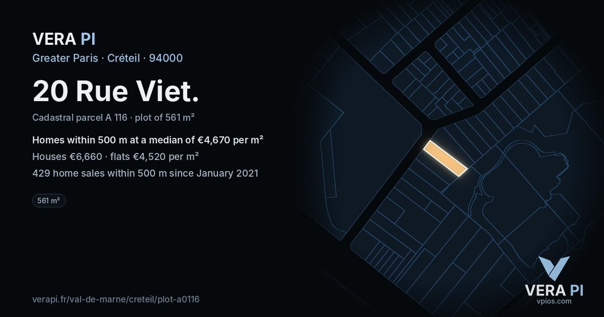 20 Rue Viet, Créteil at night – the plot lit, the parcels around coloured by the prices near them