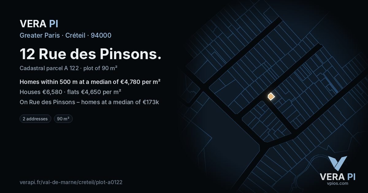 12 Rue des Pinsons, Créteil at night – the plot lit, the parcels around coloured by the prices near them