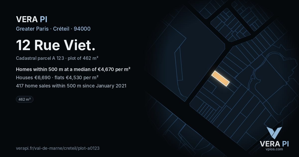12 Rue Viet, Créteil at night – the plot lit, the parcels around coloured by the prices near them