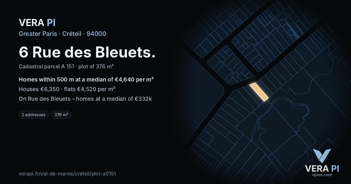 6 Rue des Bleuets, Créteil at night – the plot lit, the parcels around coloured by the prices near them