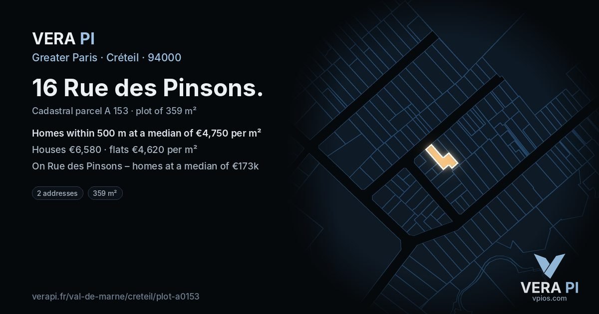 16 Rue des Pinsons, Créteil at night – the plot lit, the parcels around coloured by the prices near them