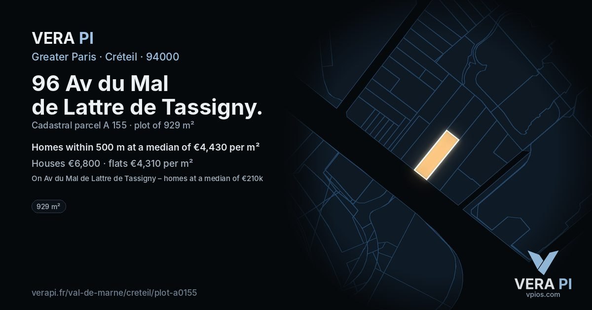 96 Av du Mal de Lattre de Tassigny, Créteil at night – the plot lit, the parcels around coloured by the prices near them