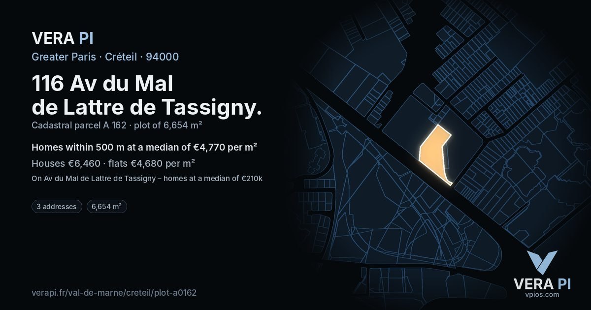 116 Av du Mal de Lattre de Tassigny, Créteil at night – the plot lit, the parcels around coloured by the prices near them
