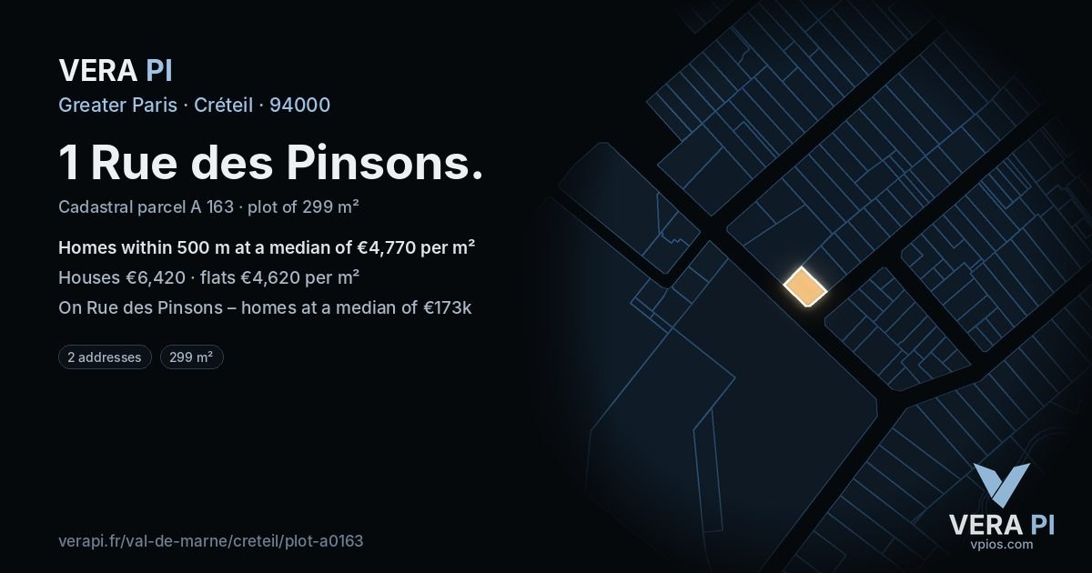 1 Rue des Pinsons, Créteil at night – the plot lit, the parcels around coloured by the prices near them