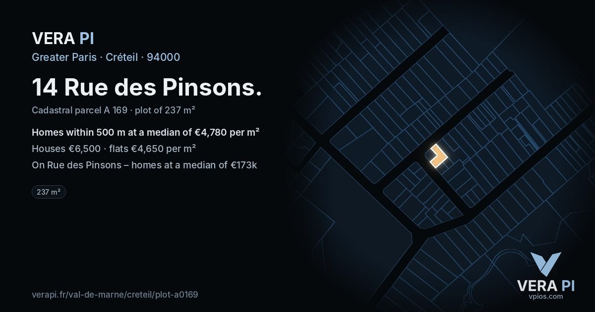 14 Rue des Pinsons, Créteil at night – the plot lit, the parcels around coloured by the prices near them