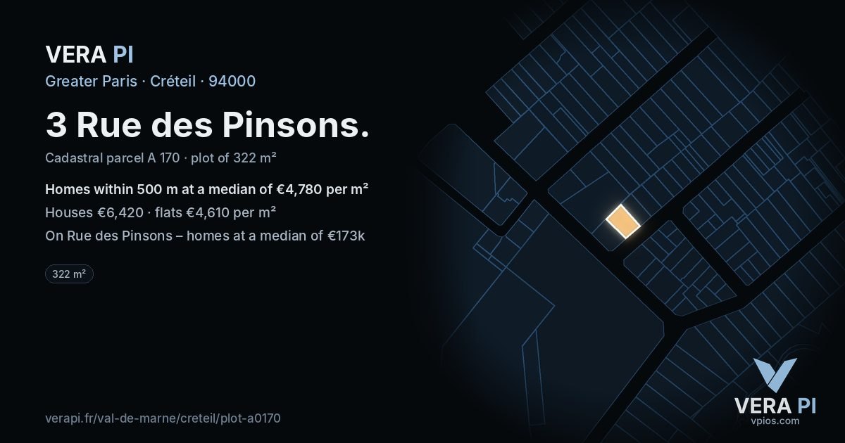 3 Rue des Pinsons, Créteil at night – the plot lit, the parcels around coloured by the prices near them