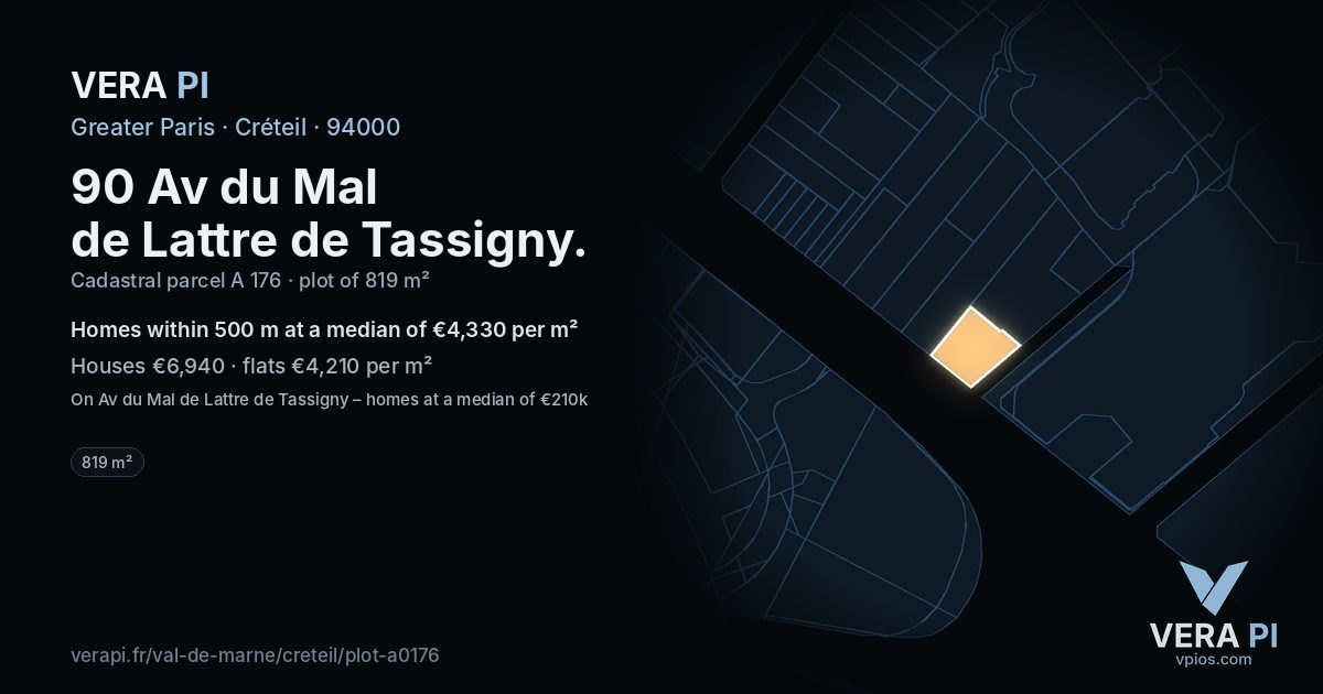 90 Av du Mal de Lattre de Tassigny, Créteil at night – the plot lit, the parcels around coloured by the prices near them