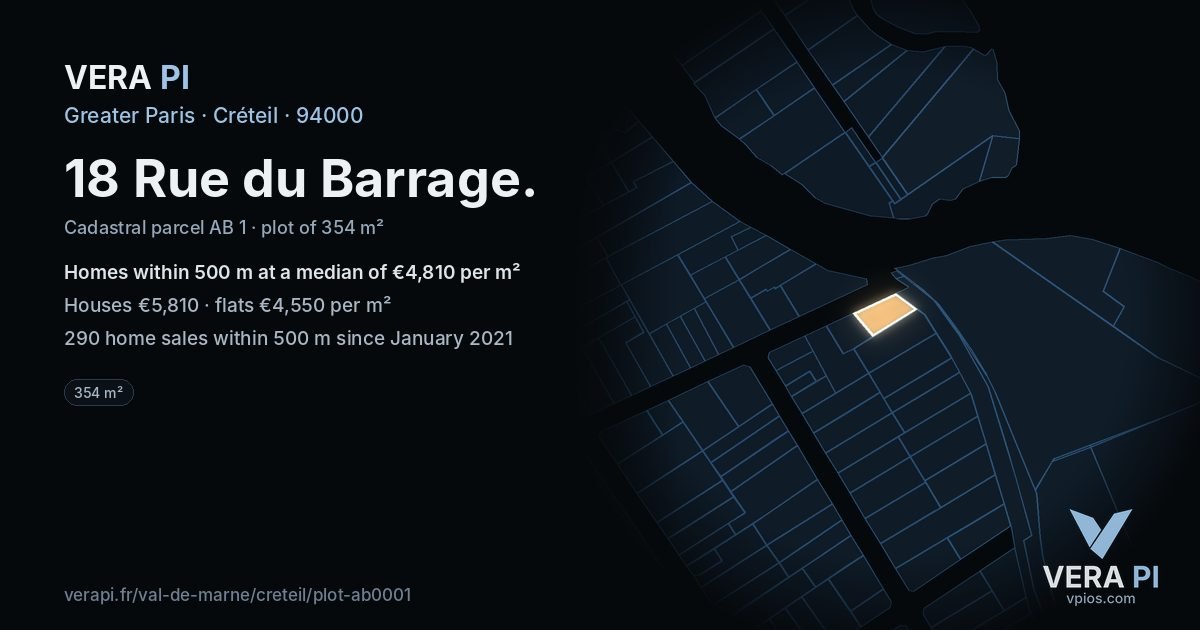18 Rue du Barrage, Créteil at night – the plot lit, the parcels around coloured by the prices near them