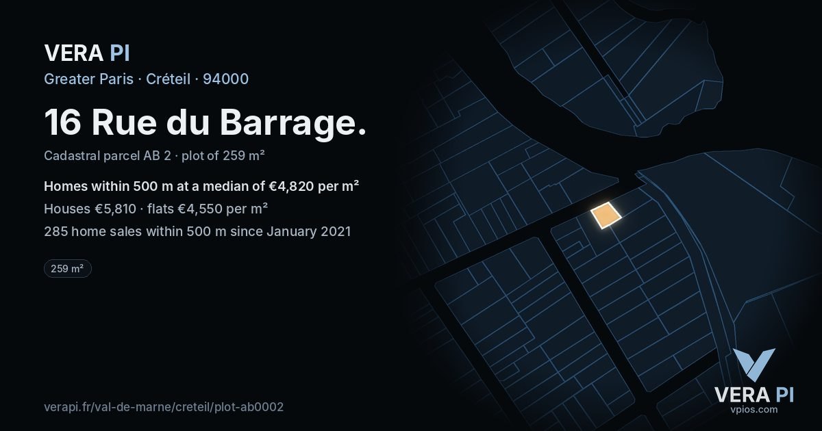 16 Rue du Barrage, Créteil at night – the plot lit, the parcels around coloured by the prices near them