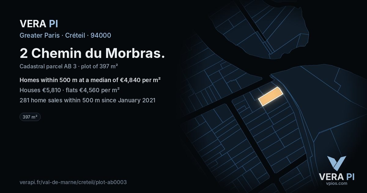 2 Chemin du Morbras, Créteil at night – the plot lit, the parcels around coloured by the prices near them