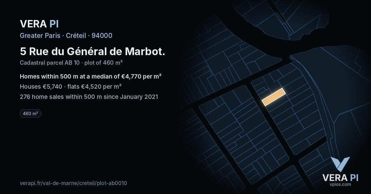 5 Rue du Général de Marbot, Créteil at night – the plot lit, the parcels around coloured by the prices near them