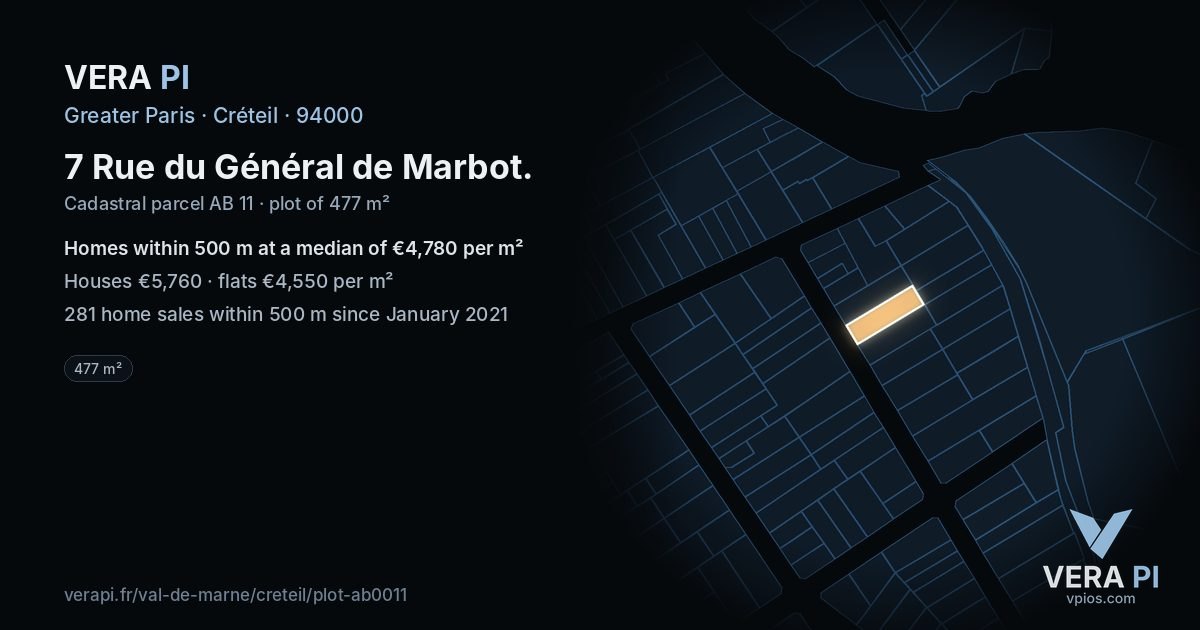 7 Rue du Général de Marbot, Créteil at night – the plot lit, the parcels around coloured by the prices near them