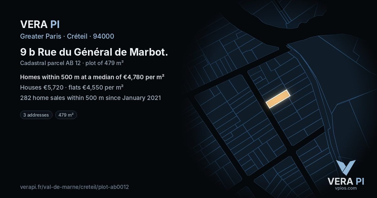 9 b Rue du Général de Marbot, Créteil at night – the plot lit, the parcels around coloured by the prices near them