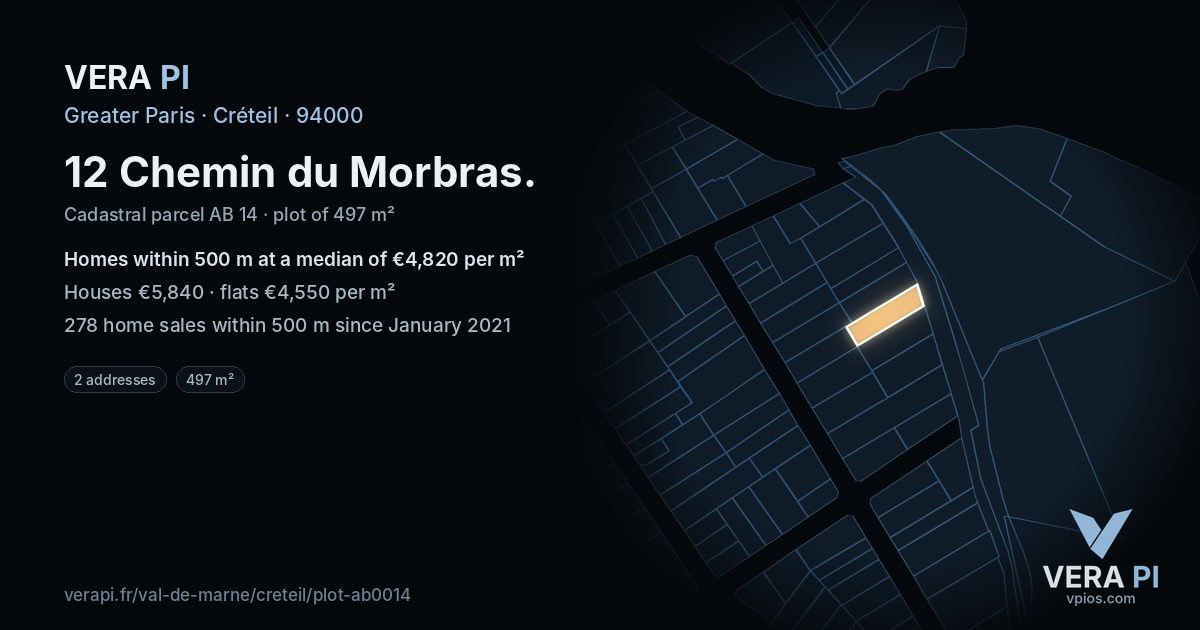 12 Chemin du Morbras, Créteil at night – the plot lit, the parcels around coloured by the prices near them