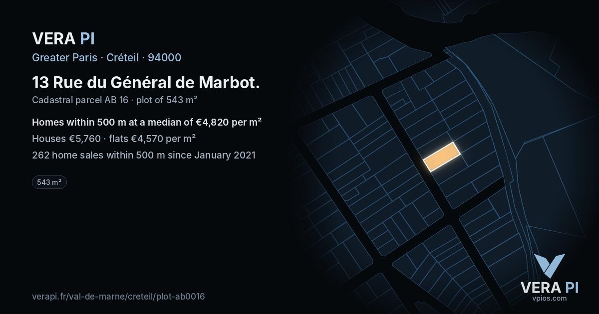 13 Rue du Général de Marbot, Créteil at night – the plot lit, the parcels around coloured by the prices near them