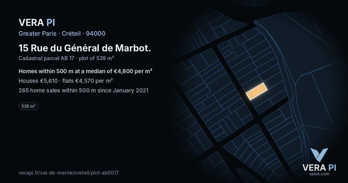 15 Rue du Général de Marbot, Créteil at night – the plot lit, the parcels around coloured by the prices near them