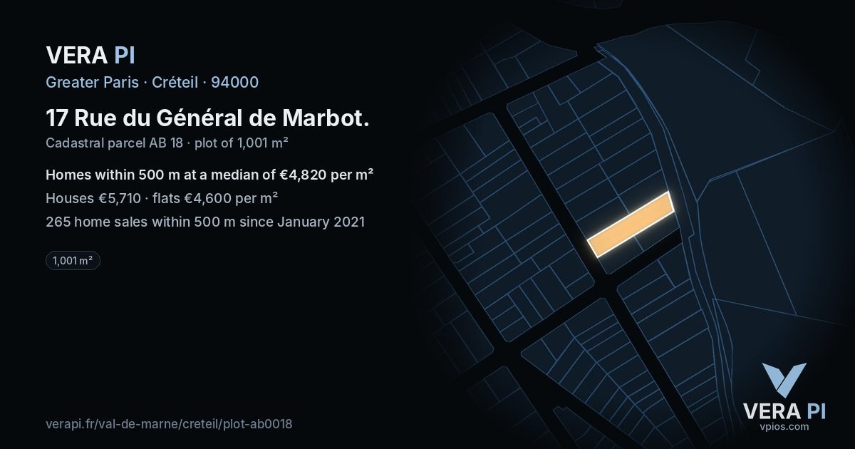 17 Rue du Général de Marbot, Créteil at night – the plot lit, the parcels around coloured by the prices near them