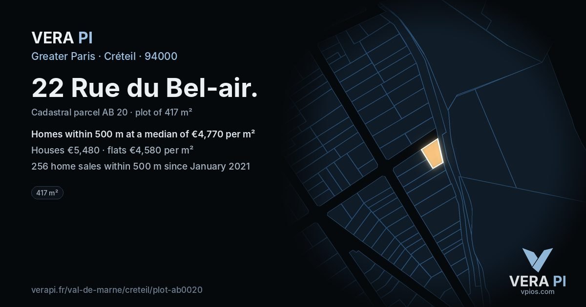22 Rue du Bel-air, Créteil at night – the plot lit, the parcels around coloured by the prices near them