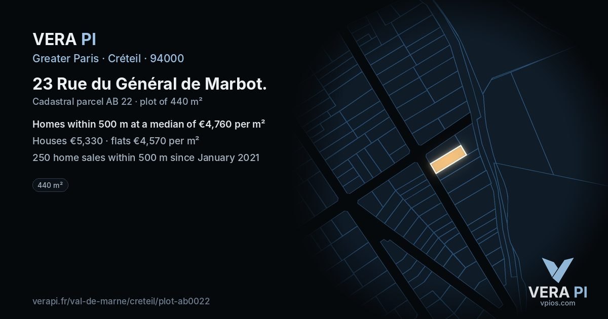 23 Rue du Général de Marbot, Créteil at night – the plot lit, the parcels around coloured by the prices near them