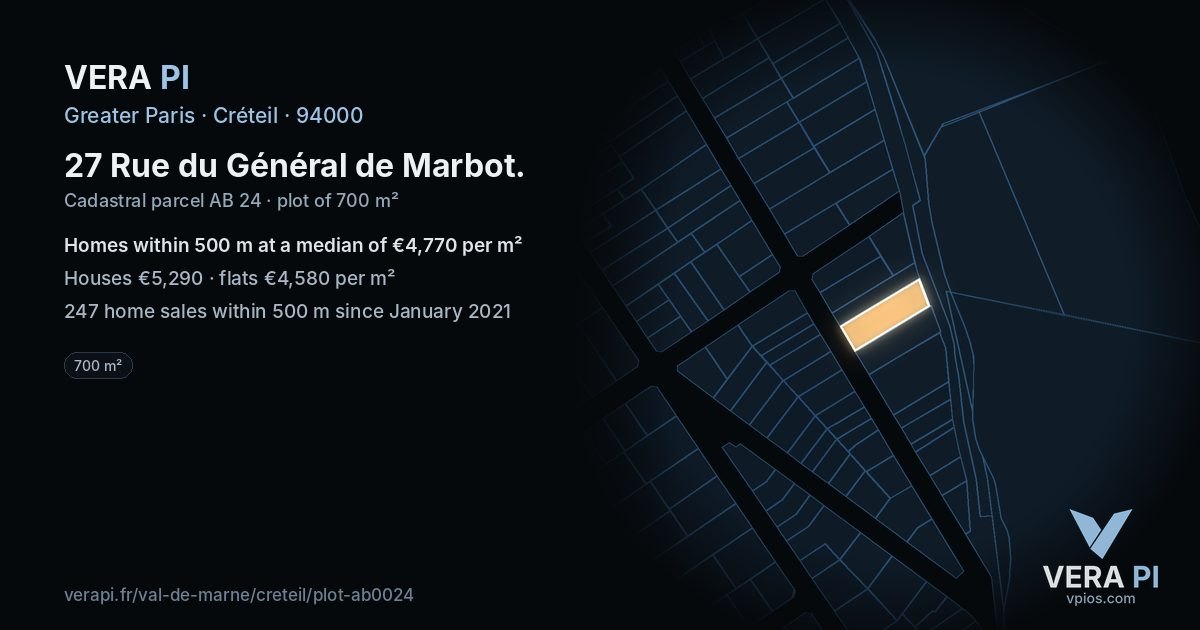 27 Rue du Général de Marbot, Créteil at night – the plot lit, the parcels around coloured by the prices near them