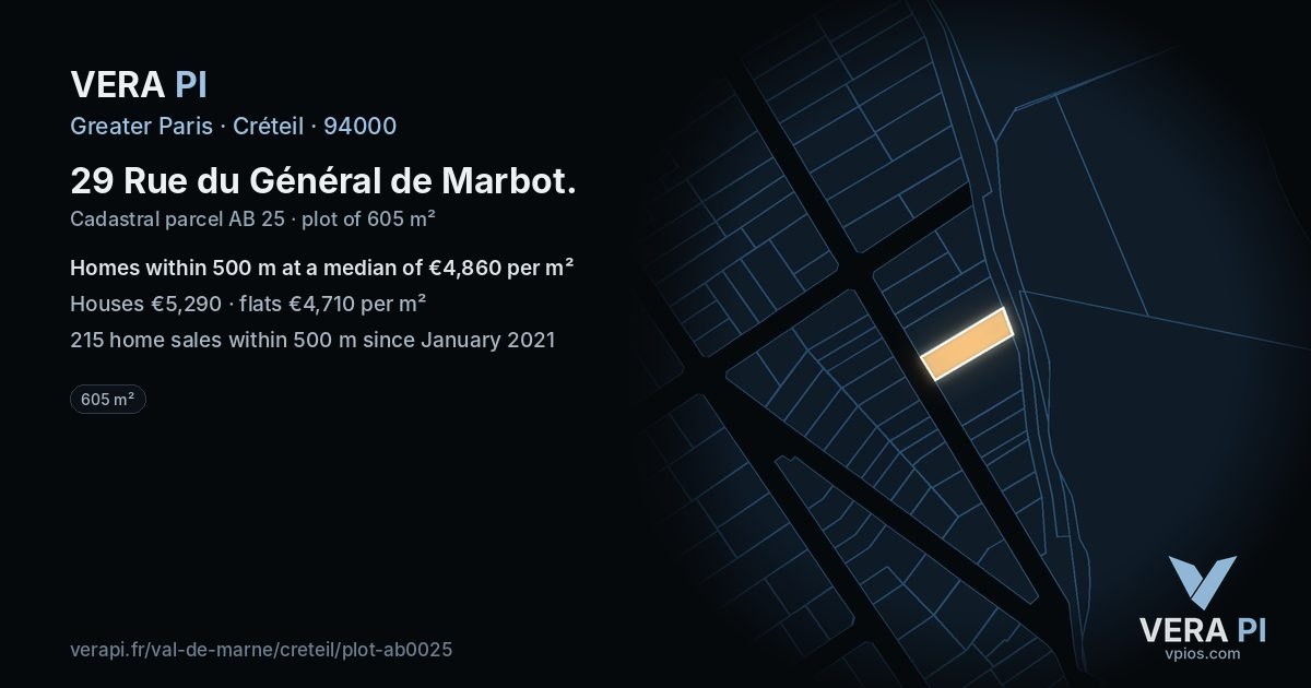 29 Rue du Général de Marbot, Créteil at night – the plot lit, the parcels around coloured by the prices near them