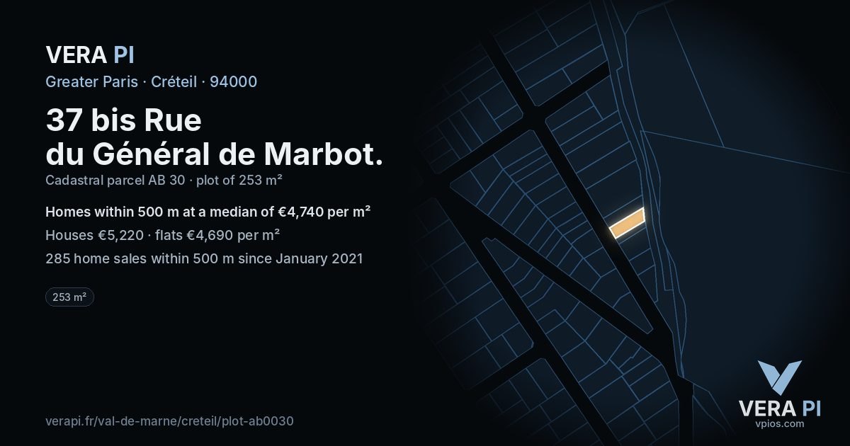 37 bis Rue du Général de Marbot, Créteil at night – the plot lit, the parcels around coloured by the prices near them