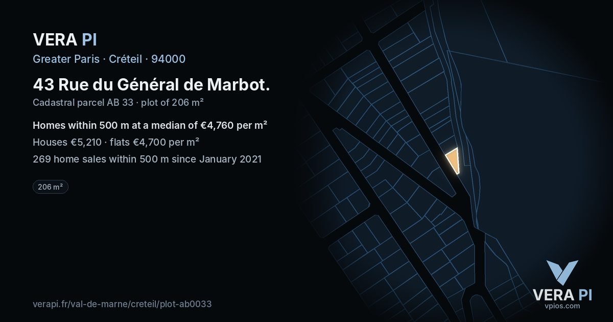 43 Rue du Général de Marbot, Créteil at night – the plot lit, the parcels around coloured by the prices near them
