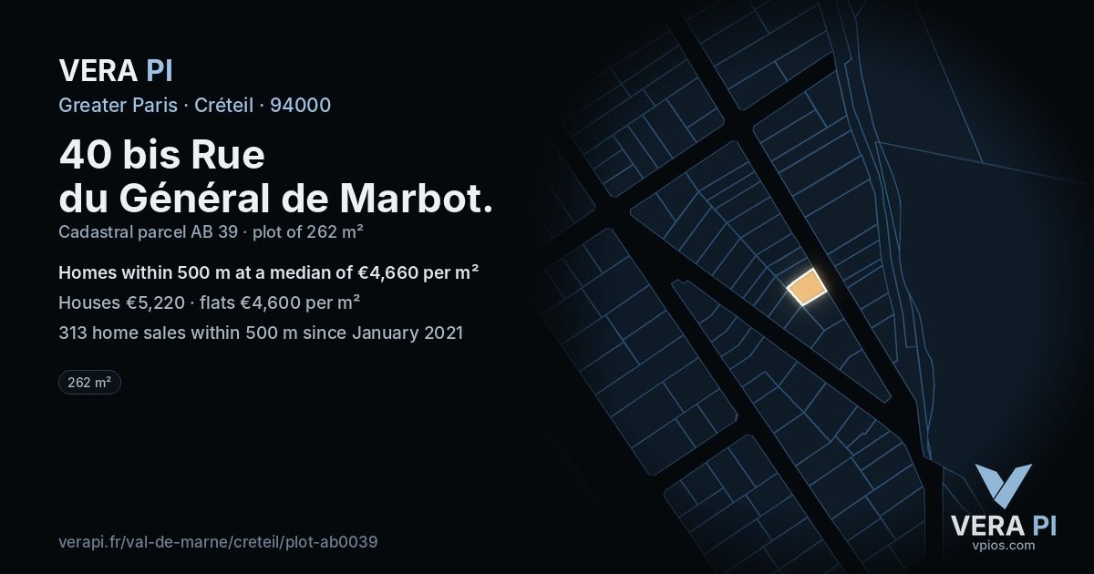 40 bis Rue du Général de Marbot, Créteil at night – the plot lit, the parcels around coloured by the prices near them