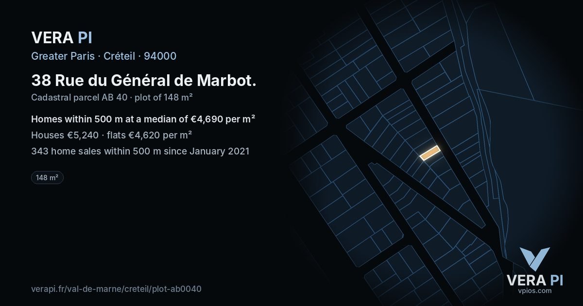 38 Rue du Général de Marbot, Créteil at night – the plot lit, the parcels around coloured by the prices near them