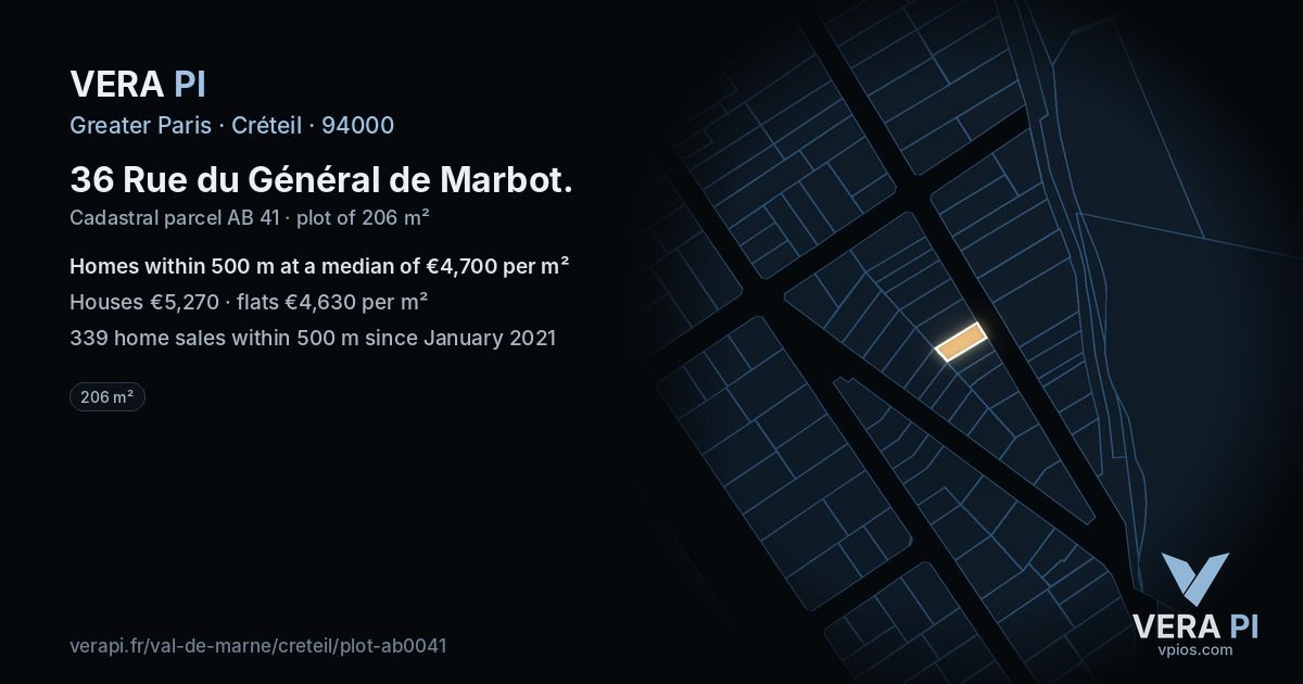 36 Rue du Général de Marbot, Créteil at night – the plot lit, the parcels around coloured by the prices near them