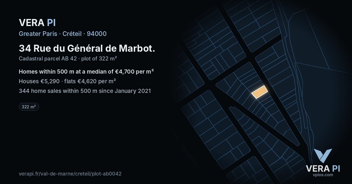 34 Rue du Général de Marbot, Créteil at night – the plot lit, the parcels around coloured by the prices near them