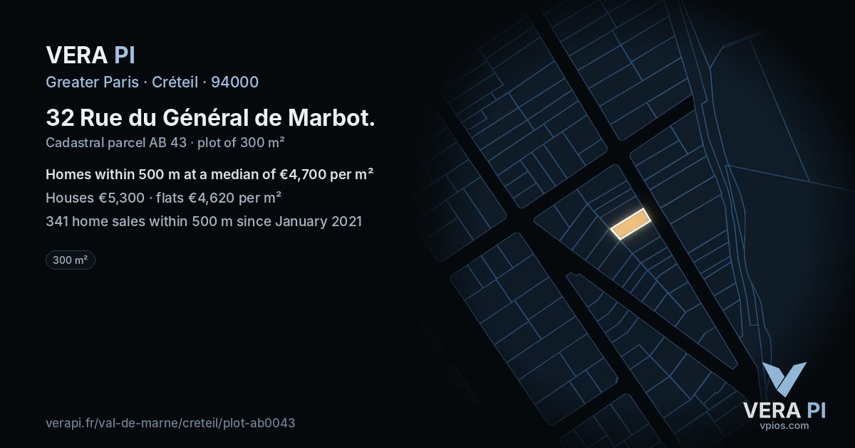 32 Rue du Général de Marbot, Créteil at night – the plot lit, the parcels around coloured by the prices near them