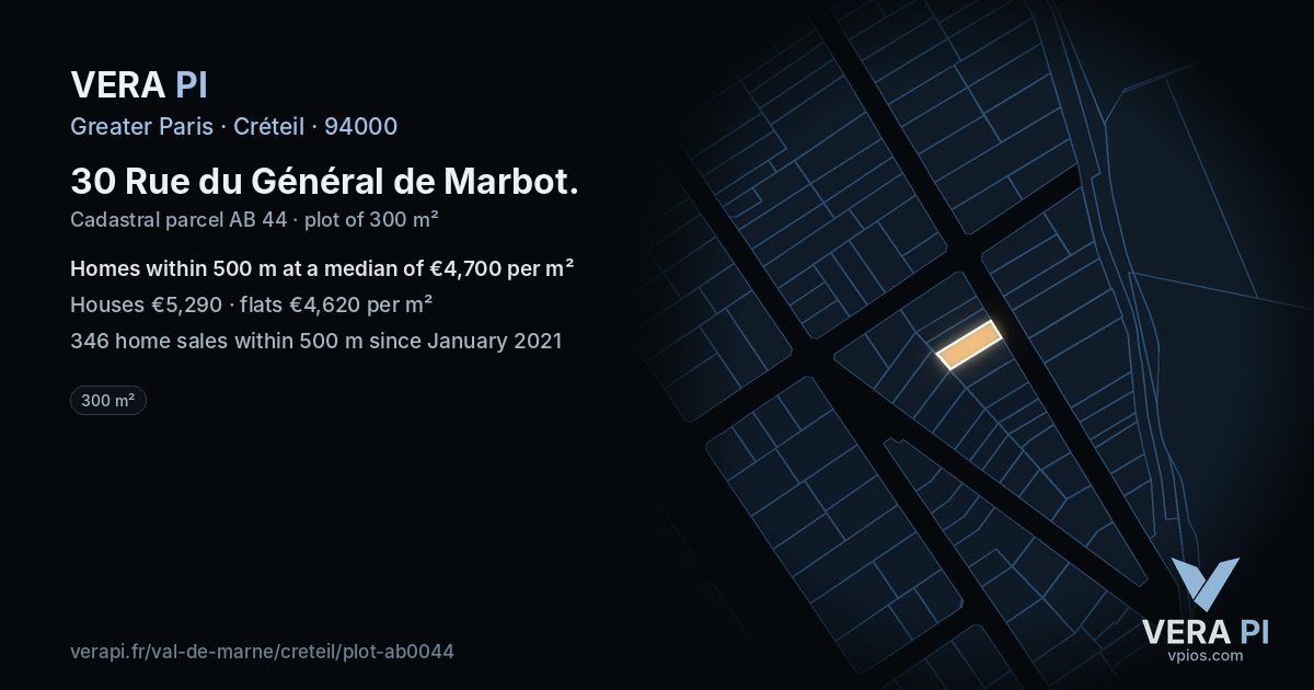 30 Rue du Général de Marbot, Créteil at night – the plot lit, the parcels around coloured by the prices near them