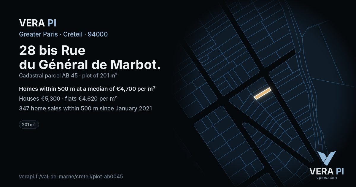 28 bis Rue du Général de Marbot, Créteil at night – the plot lit, the parcels around coloured by the prices near them