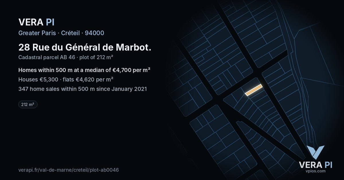 28 Rue du Général de Marbot, Créteil at night – the plot lit, the parcels around coloured by the prices near them
