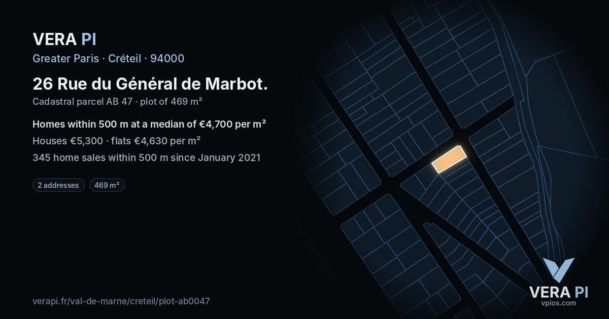 26 Rue du Général de Marbot, Créteil at night – the plot lit, the parcels around coloured by the prices near them