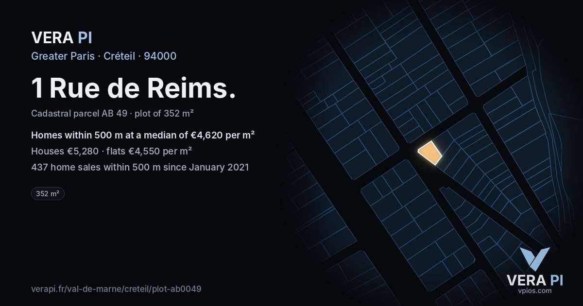1 Rue de Reims, Créteil at night – the plot lit, the parcels around coloured by the prices near them