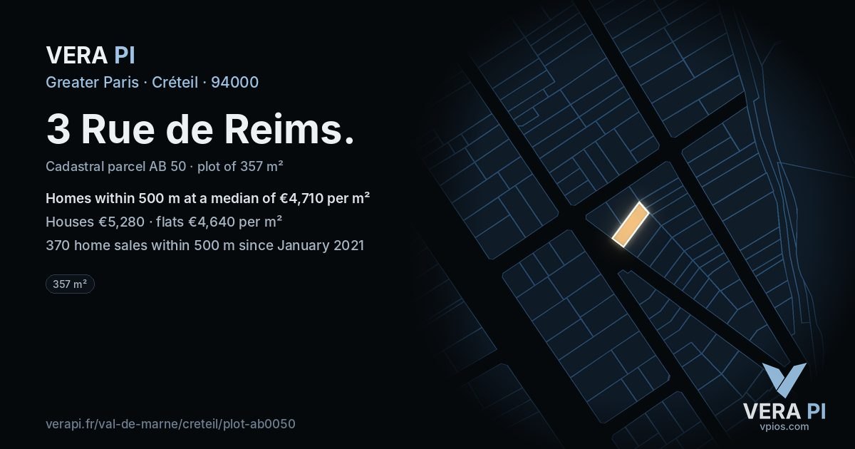 3 Rue de Reims, Créteil at night – the plot lit, the parcels around coloured by the prices near them