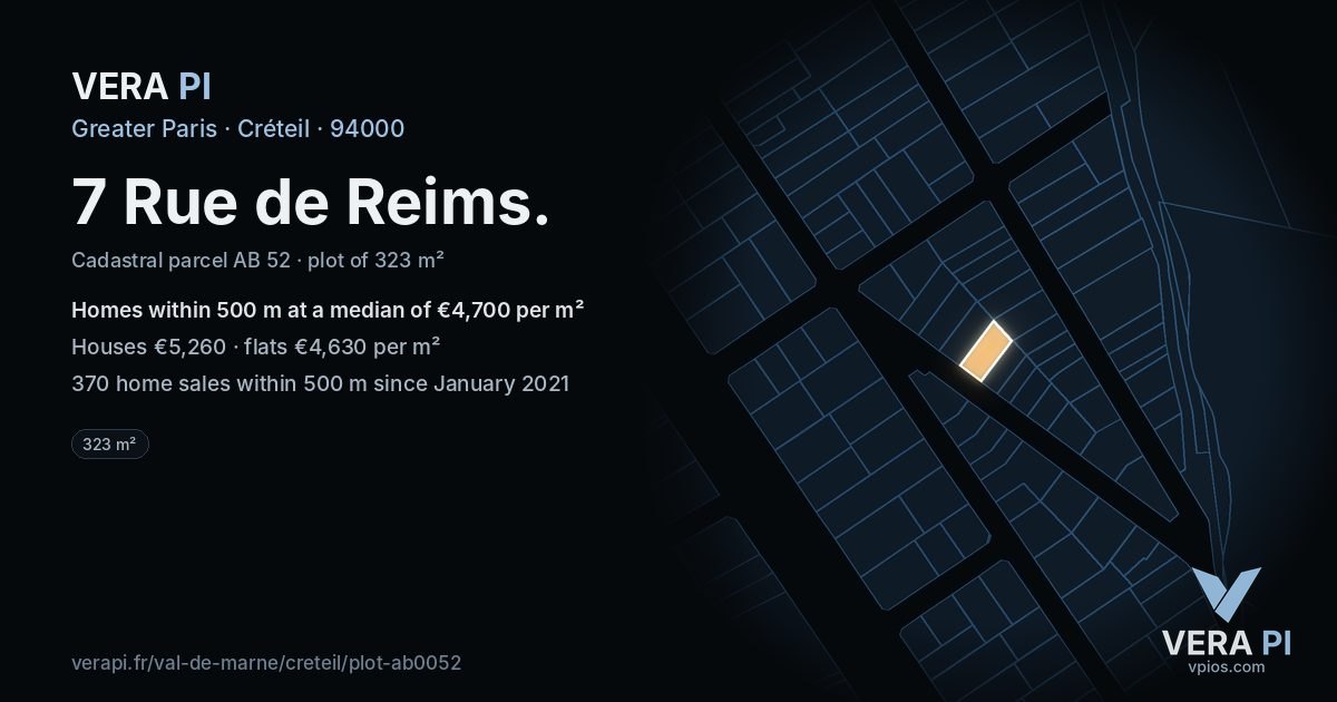 7 Rue de Reims, Créteil at night – the plot lit, the parcels around coloured by the prices near them