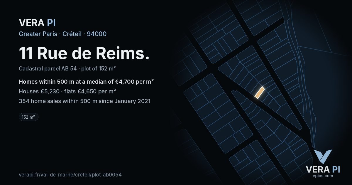 11 Rue de Reims, Créteil at night – the plot lit, the parcels around coloured by the prices near them