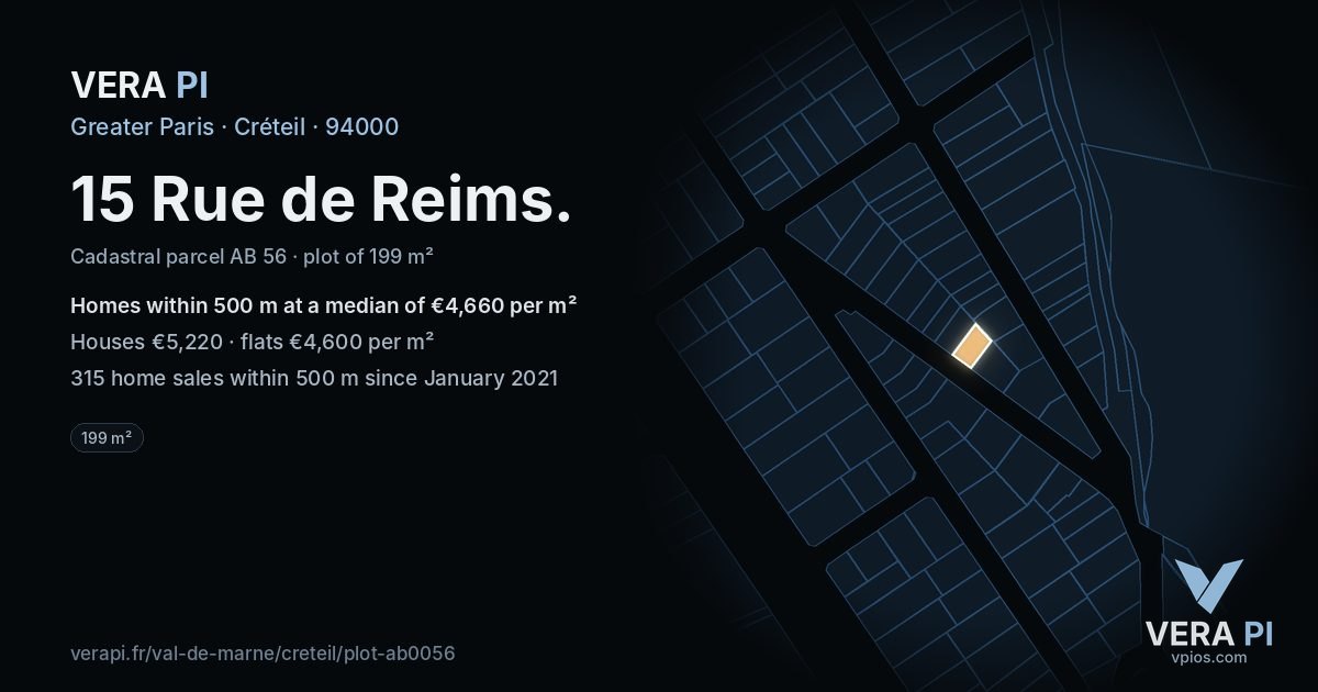 15 Rue de Reims, Créteil at night – the plot lit, the parcels around coloured by the prices near them