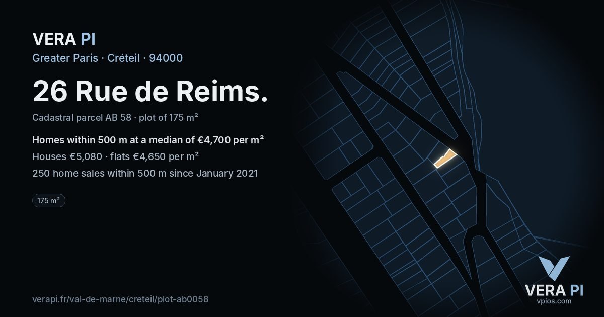 26 Rue de Reims, Créteil at night – the plot lit, the parcels around coloured by the prices near them