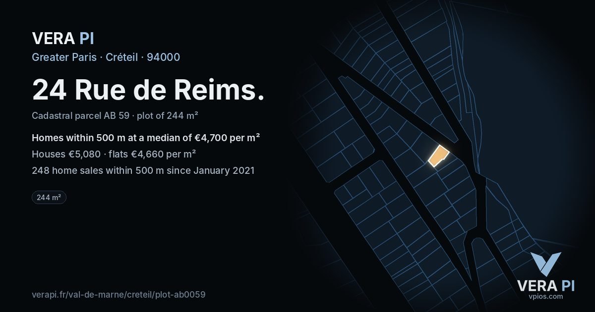 24 Rue de Reims, Créteil at night – the plot lit, the parcels around coloured by the prices near them